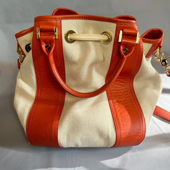 Tory Burch Leather Canvas Bucket HandBag Drawstring Tote Orange Beige Gold - Picture 4 of 13